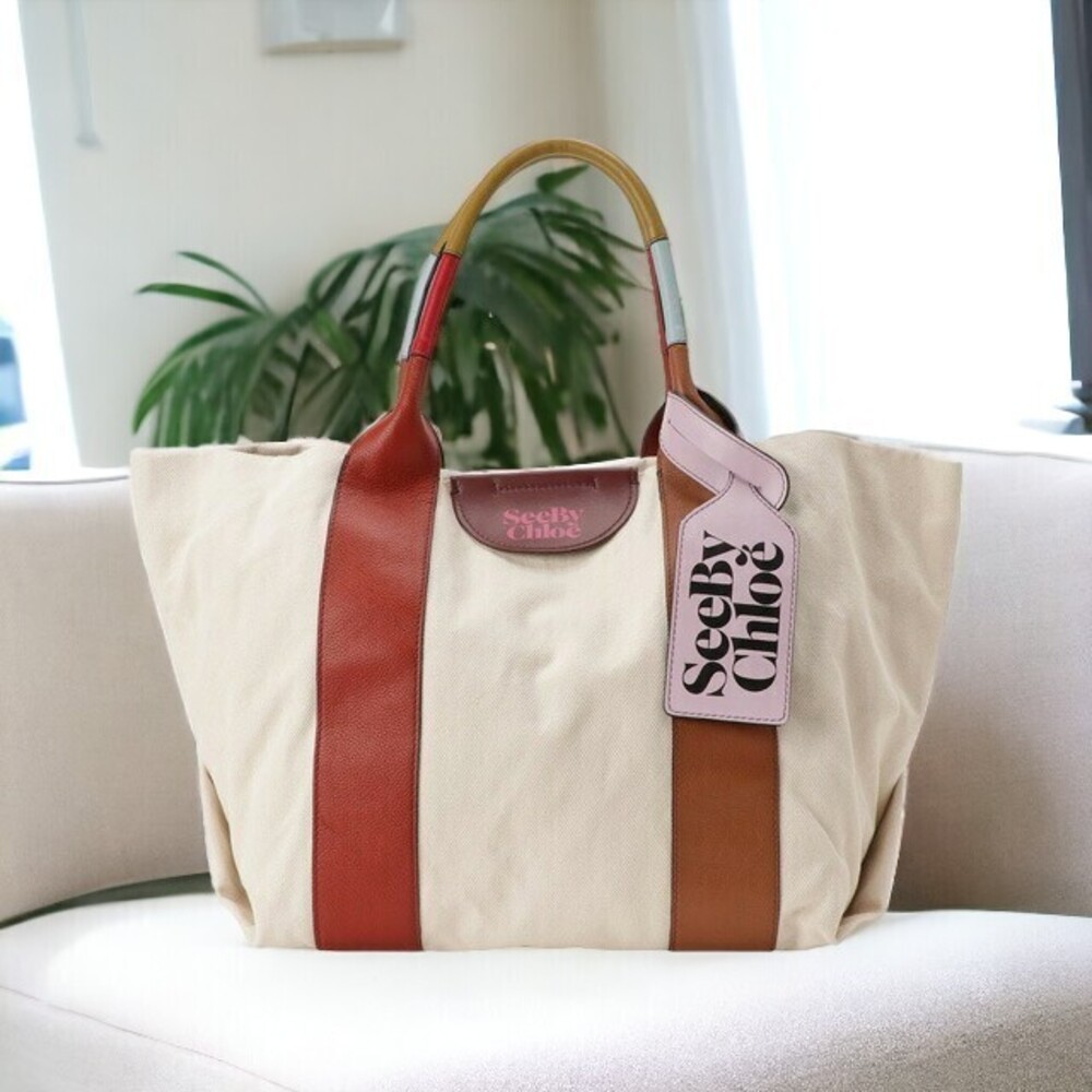 Chloe Laetizia Canvas Leather Tote Bag Burnt Henna Souvenir White Tan